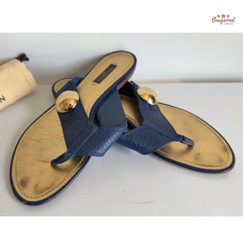 Authentic Louis Vuitton Navy Leather Chaussures Slides Thong Sandals 38.5/8.5 - Picture 3 of 13